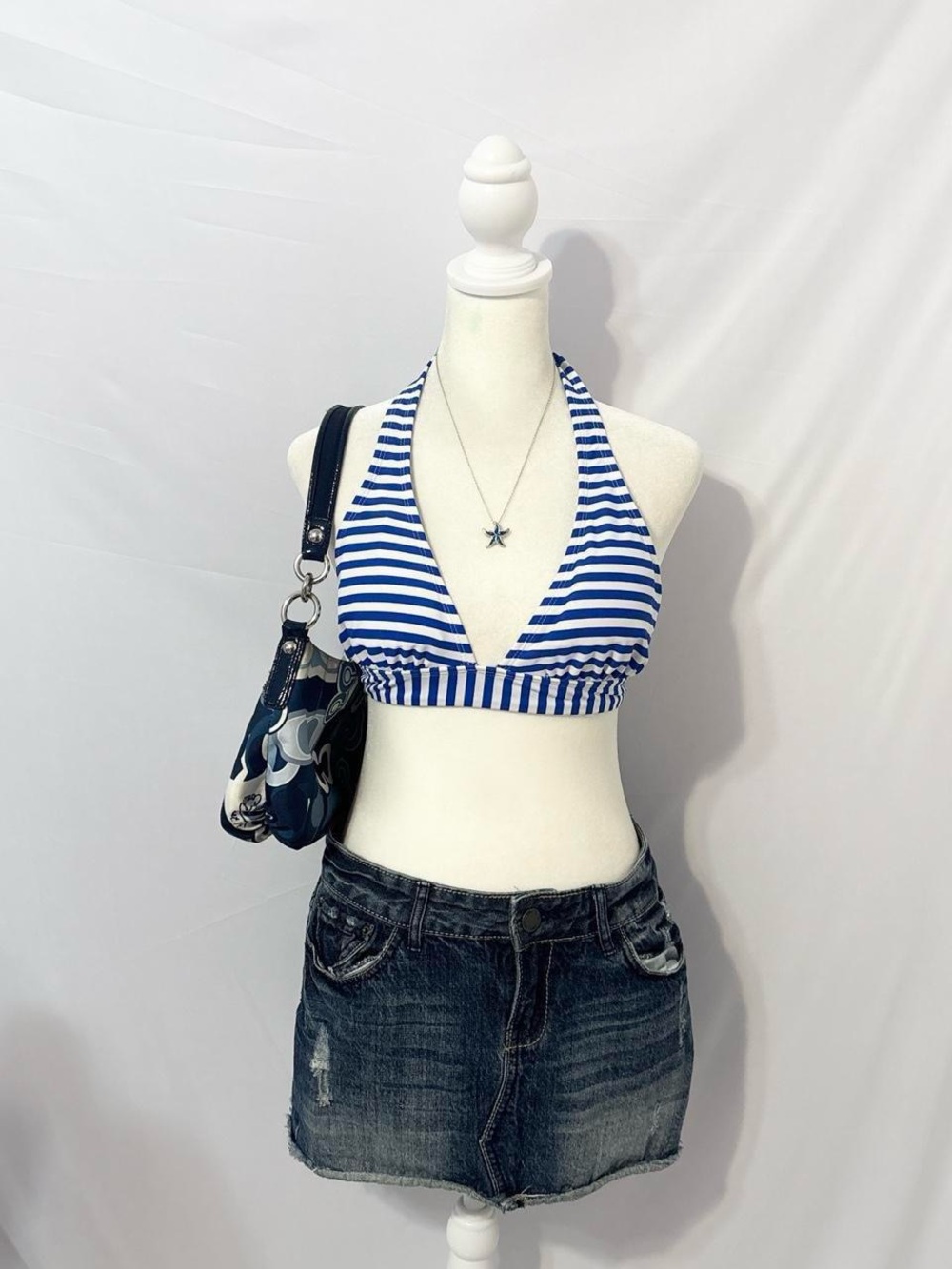 Vintage Y2k Blue and White Stripped Halter Bikini Top